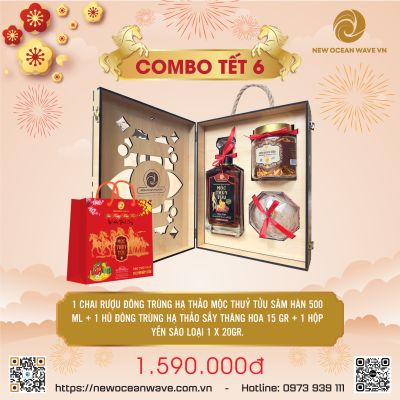 COMBO 6 - Rượu Đông trùng hạ thảo Mộc Thủy Tửu Sâm Hàn, Đông trùng hạ thảo sấy thăng hoa, 20 gr Yến sào